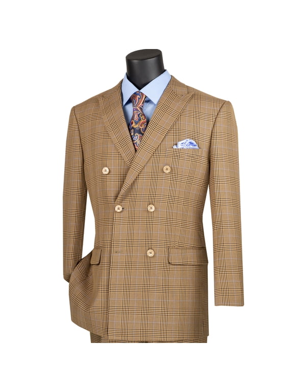 Men's Mocha Brown Glen Plaid Double-Breasted Classic-Fit Suit - NEW - 44R