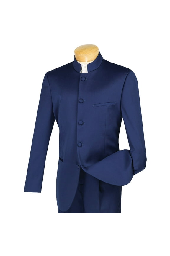 Men's Navy Blue Banded Collar 5-Button Classic-Fit Tuxedo Suit - NEW