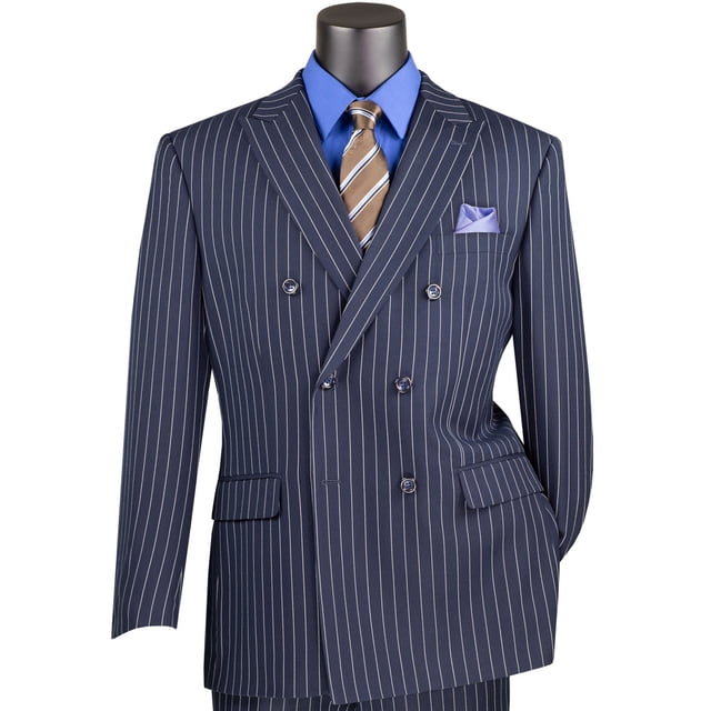 2 Button  Wool Suit Dark Navy Blue Suit For Men Stripe ~ Pinstripe main image 0