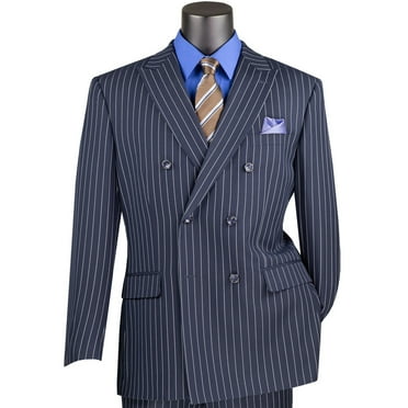 VINCI Men's Navy Blue Pinstripe Double-Breasted 6-Button Classic Fit Suit - NEW - 40R