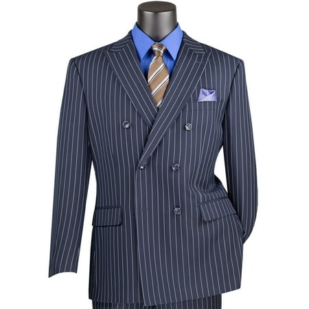 VINCI Men's Navy Blue Pinstripe Double-Breasted 6-Button Classic Fit Suit - NEW - 40R