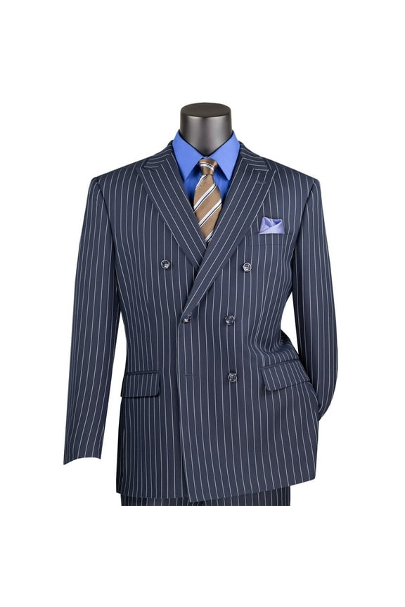 Men's Navy Blue Pinstripe Double-Breasted 6-Button Classic Fit Suit - NEW - 40R