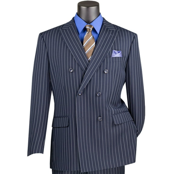 VINCI Men's Navy Blue Pinstripe Double-Breasted 6-Button Classic Fit Suit - NEW - 42L