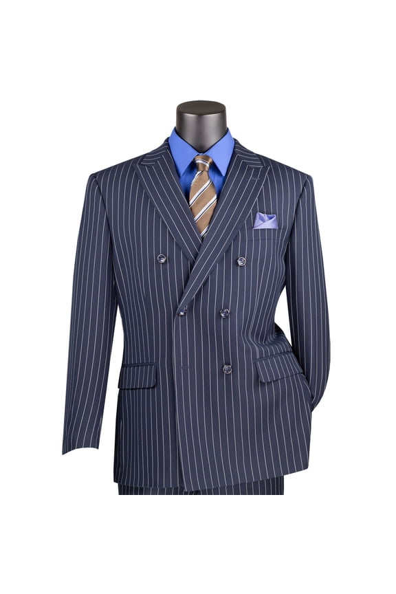Men's Navy Blue Pinstripe Double-Breasted 6-Button Classic Fit Suit - NEW - 44R