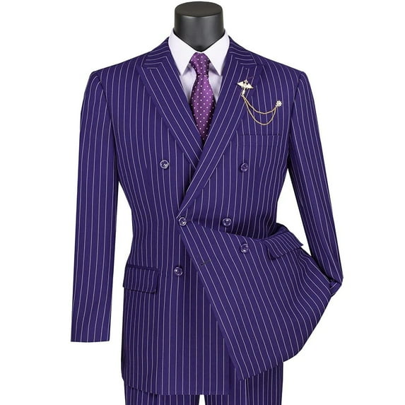 VINCI Men's Purple Pinstripe Double-Breasted 6-Button Classic Fit Suit - NEW - 52R (Big & Tall)