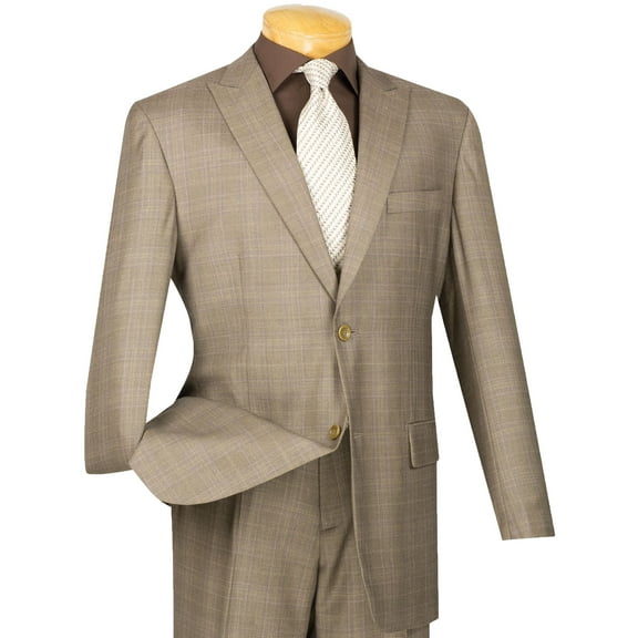 VINCI Men's Tan Glen Plaid 2-Button Classic-Fit Suit w/ Peak Lapel - NEW