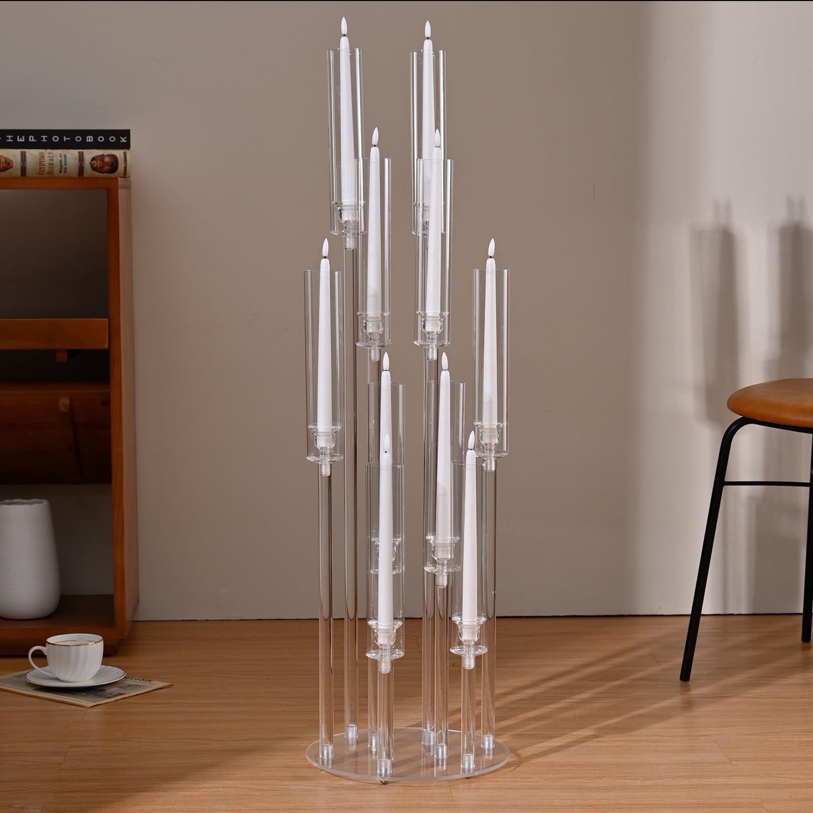 39.8''Matte Black Candle Holder With Acrylic Shades Tall 5 Arm Candelabra Bla - View #11