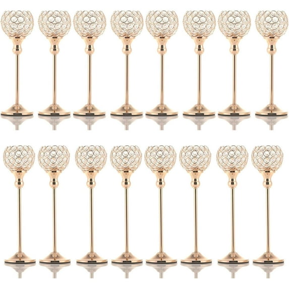 VINCIGANT 16PCS Gold Crystal Candle Holders Pillars for Wedding Decoration,Votive Crystal Candle Holders for Dinner Table Room Party Rhinestone Decorative