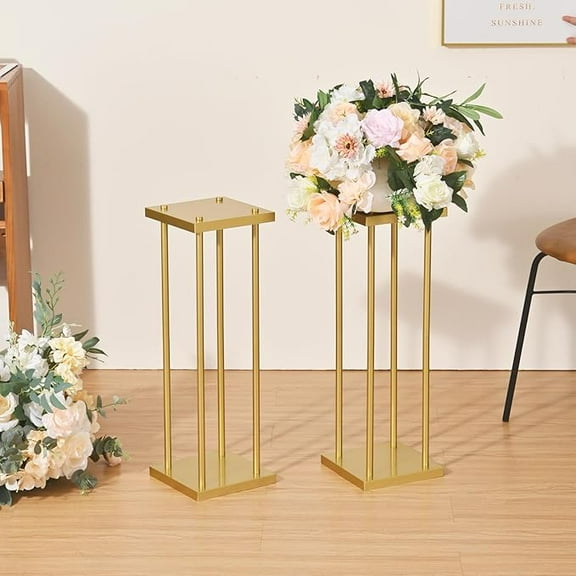VINCIGANT 2Pcs 23.6inch Gold Wedding Flower Stand for Wedding Decorations,Metal Column Flower Stand Rectangular Flower Display Rack for Geometric Centerpieces Table Hotel Party