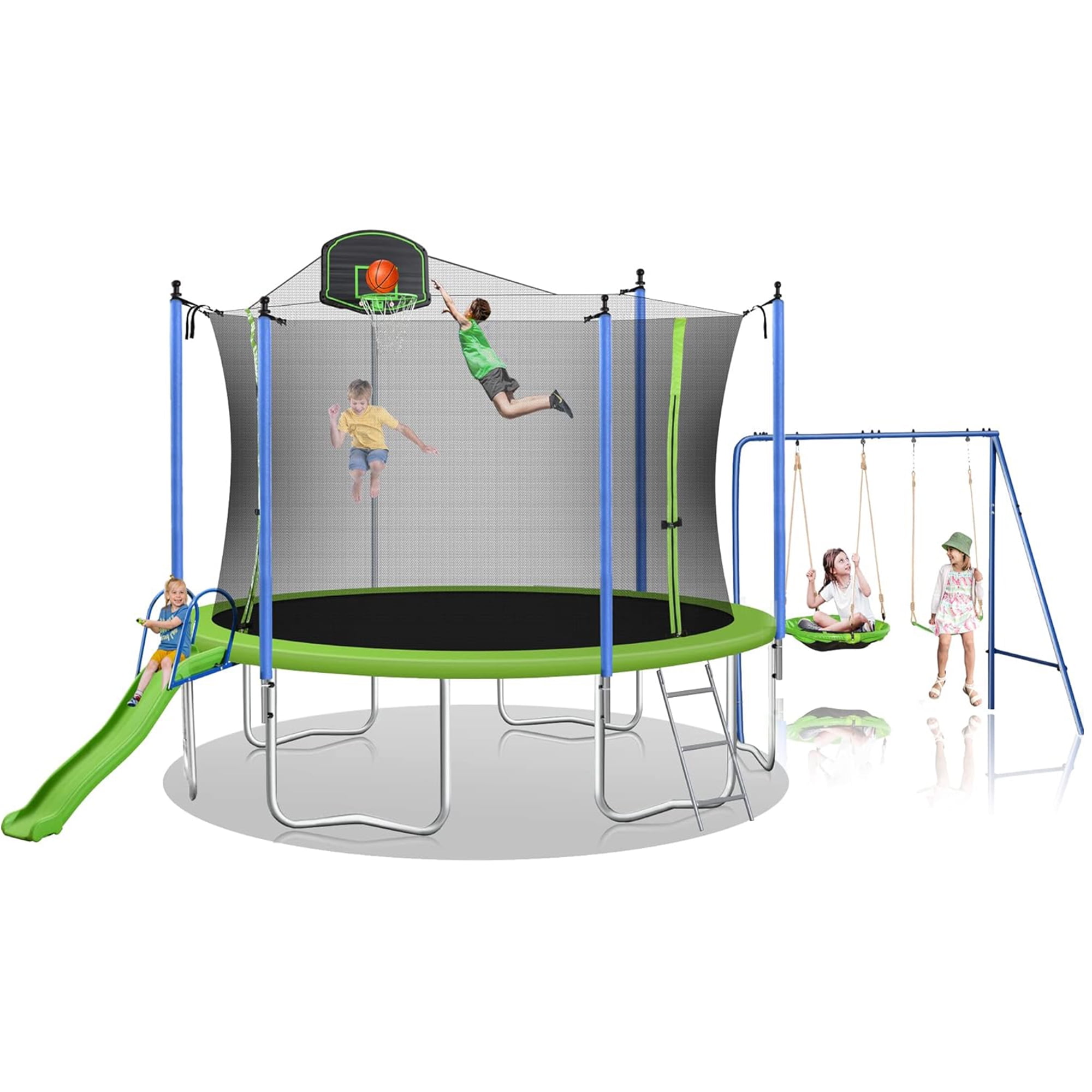 VINCIGO 14FT Trampoline with Slide and Swings,Outdoor Trampoline with Enclosure,Basketball Hoop