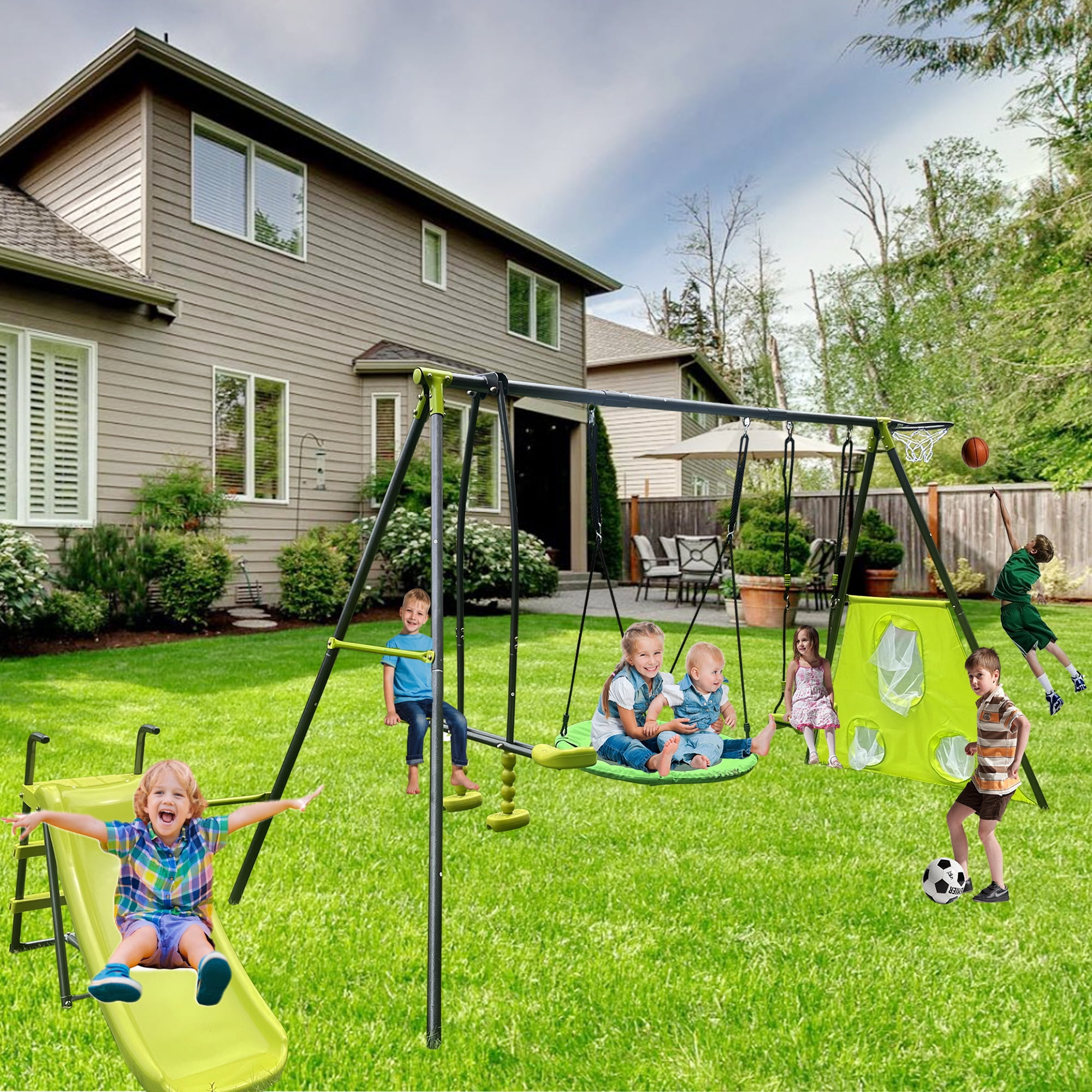 VINCIGO 6in1 Kids Swing Sets for Outside,Playground Sets for