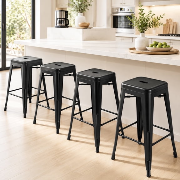 VINEEGO 24 Inches Metal Bar Stools High Backless Stackable Stools Indoor Counter Stools Set of 4 (Black)