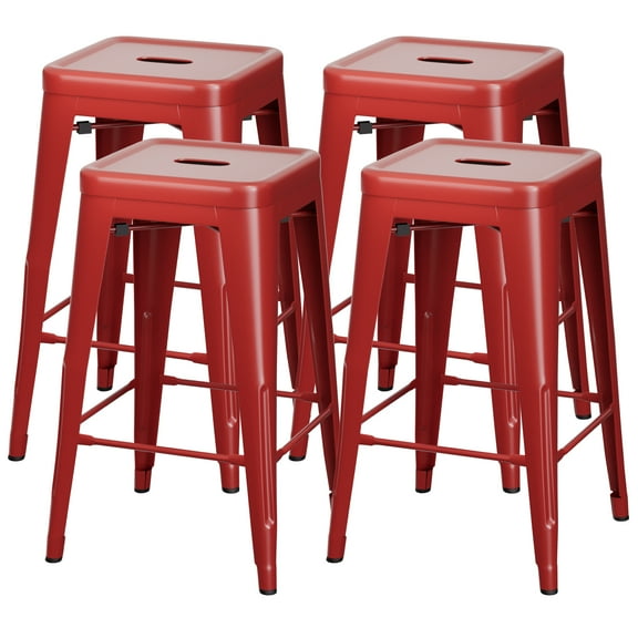 VINEEGO 24 Inches Metal Bar Stools High Backless Stackable Stools Indoor-Outdoor Counter Stools Set of 4 (Red)