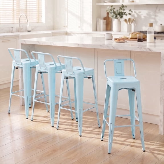 Devoko 30 Inch Metal Bar Stools Set of 4, Stackable Kitchen Island Bar Stools with Removable Back, Industrial Dining Chairs for Kitchen, Dining Room(Blue)