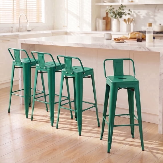 Devoko 30 Inch Metal Bar Stools Set of 4, Stackable Kitchen Island Bar Stools with Removable Back, Industrial Dining Chairs for Kitchen, Dining Room(Green)
