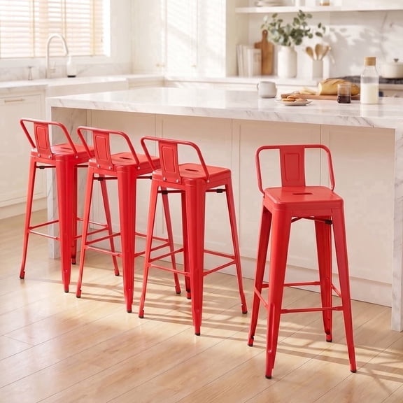 Devoko 30 Inch Metal Bar Stools Set of 4, Stackable Kitchen Island Bar Stools with Removable Back, Industrial Dining Chairs for Kitchen, Dining Room（Red）