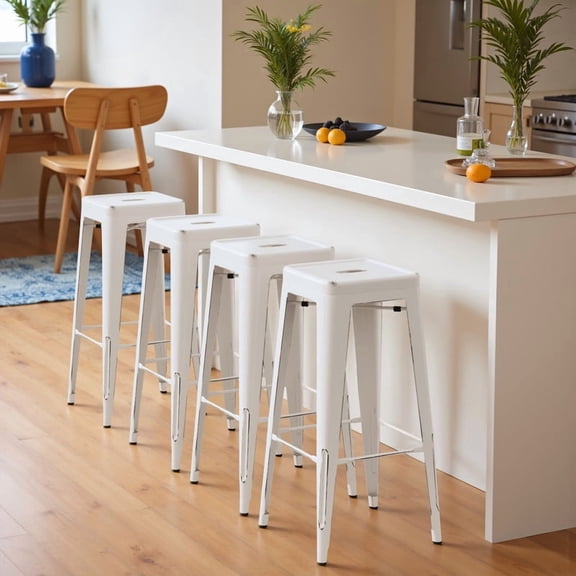 VINEEGO 30 Inches Metal Bar Stools for Counter Height Indoor-Outdoor Modern Stackable Industrial Stools Set of 4 (Distressed White)
