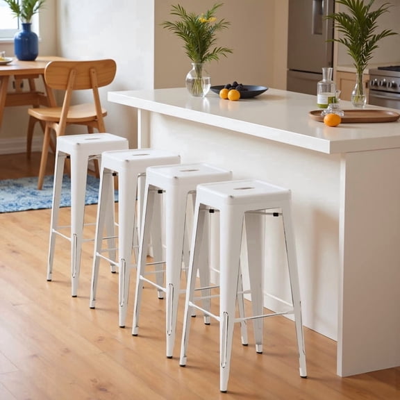 VINEEGO 30 Inches Metal Bar Stools for Counter Height Indoor Modern Stackable Industrial Stools Set of 4 (Distressed White)