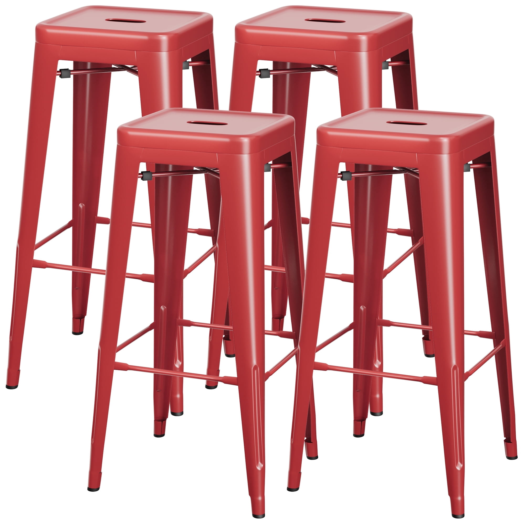 VINEEGO 30 inches Metal Bar Stools High Backless Stackable Stools Indoor-Outdoor Counter Stools Set of 4 (Red)