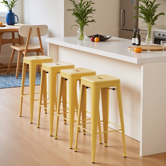VINEEGO 30 Inches Metal Bar Stools for Counter Height Indoor Modern Stackable Industrial Stools Set of 4 (Yellow)