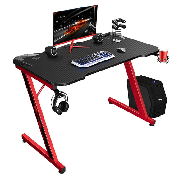 VINEEGO 43 inch Z-Shaped Legs Carbon Fiber Surface Gaming Desk with Gaming Handle Rack, Cup Holder & Headphone Hook(Red)