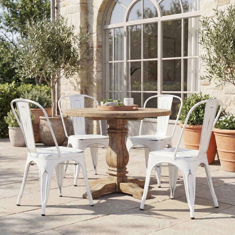 VINEEGO Metal Dining Chair Indoor-Outdoor Use Stackable Classic Trattoria Chair Fashion Dining Metal Side Chairs for Bistro Cafe Restaurant Set of 4 (DIstressed White)