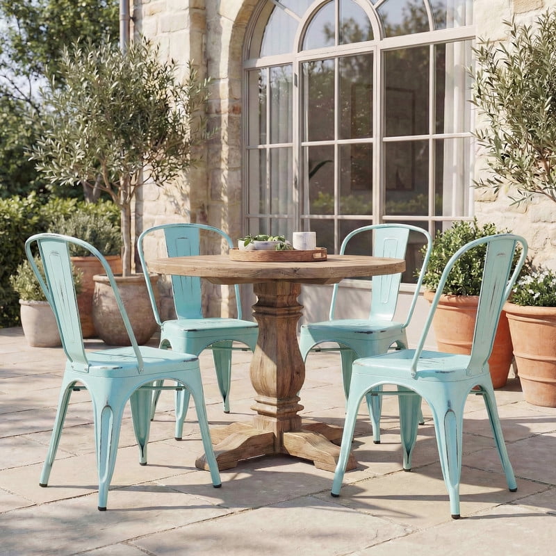 VINEEGO Metal Dining Chair Indoor-Outdoor Use Stackable Classic Trattoria Chair Fashion Dining Metal Side Chairs for Bistro Cafe Restaurant Set of 4 (Distressed Blue)