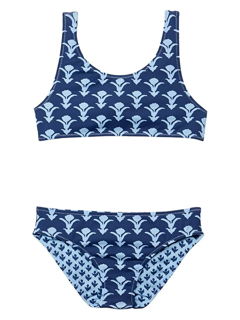 Vineyard Vines Girl's Reversible Block Print Swimwear, Navy, M, image size:800x1067
