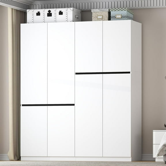 VINFORM 4 Door Wood Wardrobe Armoire, Freestanding White Closet Wardrobe with Hanging Rod for White Closet Cabinet 20.4"D x 63"W x 74.8"H