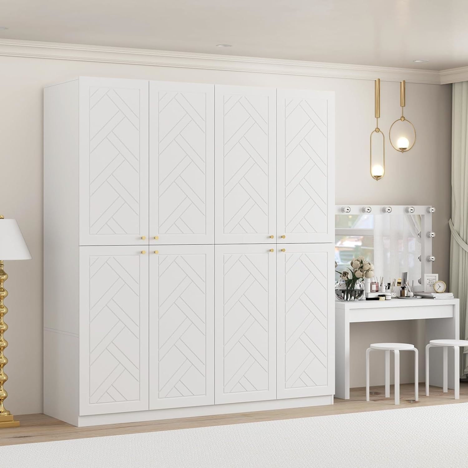 VINFORM Armoire Wardrobe Closet with 4 Doors, Wooden Wardrobe Armoire with 2 Drawers, Armoire Storage with Hanging Rods and Multi-Layer Shelves for Bedroom (White)