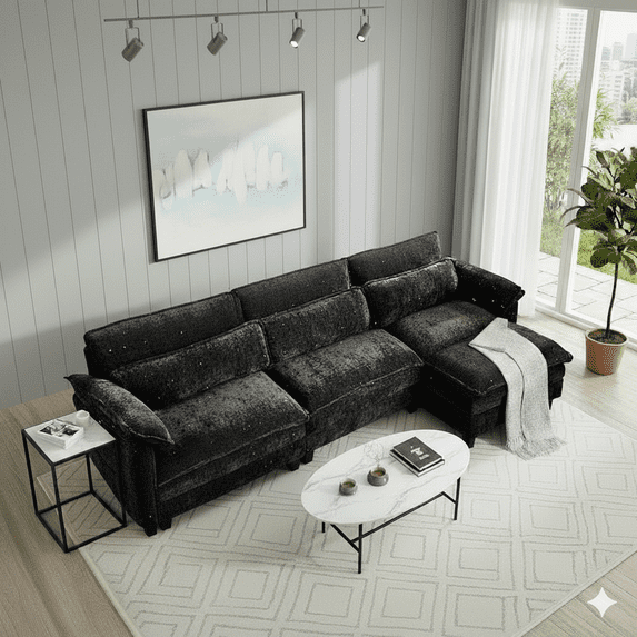 Howcool Modular Sectional Sofa Sectional Couches, 113" 3 Seater Chenille Fabric L-Shaped Cloud Couch with Movable Ottoman, USB Charging Ports & Side Pockets, for Living Room Apartment