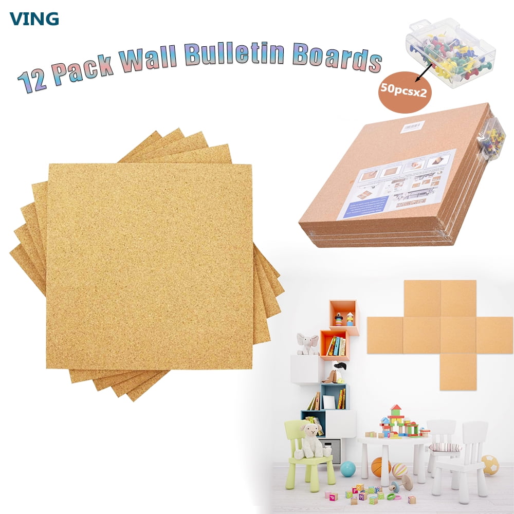 VING 12 Pck Large 12x121/2" Cork Board Tiles, SelfAdhesive Wall