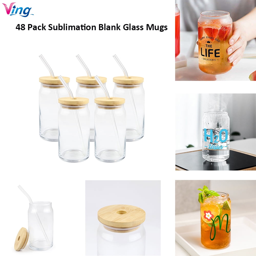 Ving 48 Pack 16oz Sublimation Clear Glass Mug Blank Beer Glasses Coke Can Shaped Glass Tumbler Cups Bottles Jars with Bamboo Lid and Glass Straw, Size
