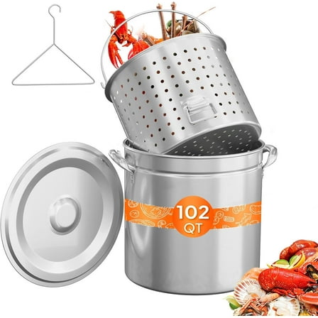 VINGLI 102QT Stainless Steel Seafood Boil Pot with Strainer Basket, Lid & Hook, Versatile Stock Pot for Crab, Lobster, Shrimp Boiling, Heavy-Duty Turkey Fryer Pot for Outdoor Cooking & Gatherings
