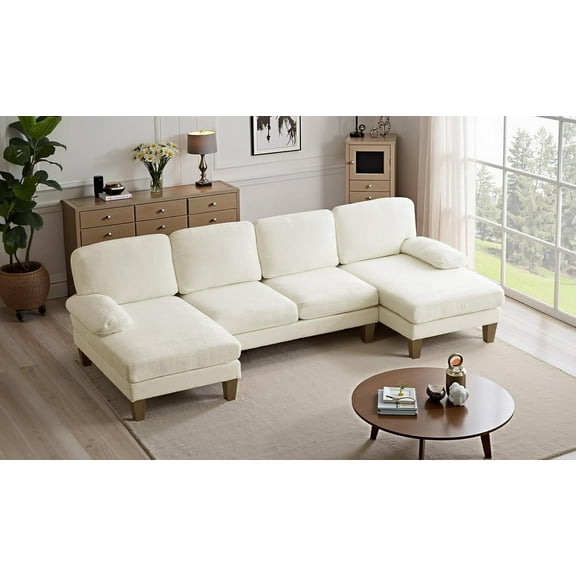 VINGLI 110" Sectional Couches for Living Room,U Shaped Couch with Double Chaise, 4-Seat Sofa Set with Chenille Fabric for Home Furniture,Beige