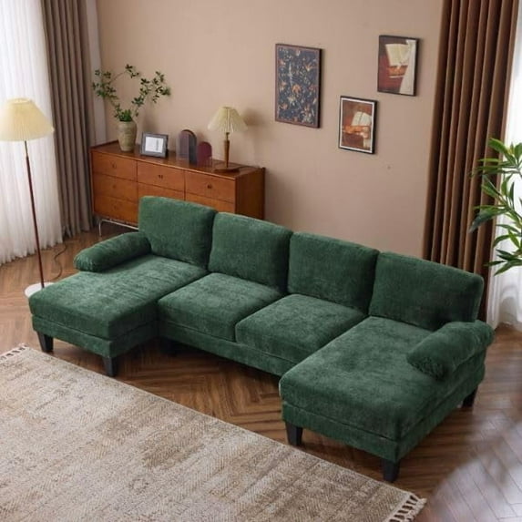 VINGLI 110" Sectional Couches for Living Room,U Shaped Couch with Double Chaise, 4-Seat Sofa Set with Chenille Fabric for Home Furniture,Forest Green