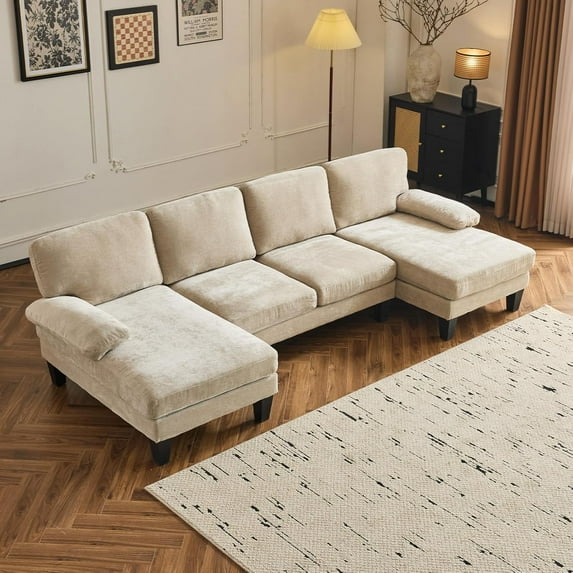 VINGLI 110" Sectional Couches for Living Room,U Shaped Couch with Double Chaise, 4-Seat Sofa Set with Chenille Fabric for Home Furniture,Light Khaki