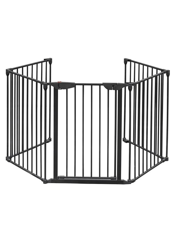 VINGLI 120'' Baby Gate Fireplace Safety Fence/Guard, Adjustable 5-Panel Metal Play Yard for Toddler/Pet/Dog Christmas Tree Fence,4 Wall Mounts Configurable, Black