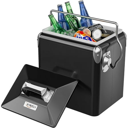 VINGLI 14qt Small Cooler Ice Chest, Beach Cooler, Insulated Portable Cooler, Retro Vintage Classic Style Hard Metal Cooler for Barbeques, Camping, Fishing and Picnics