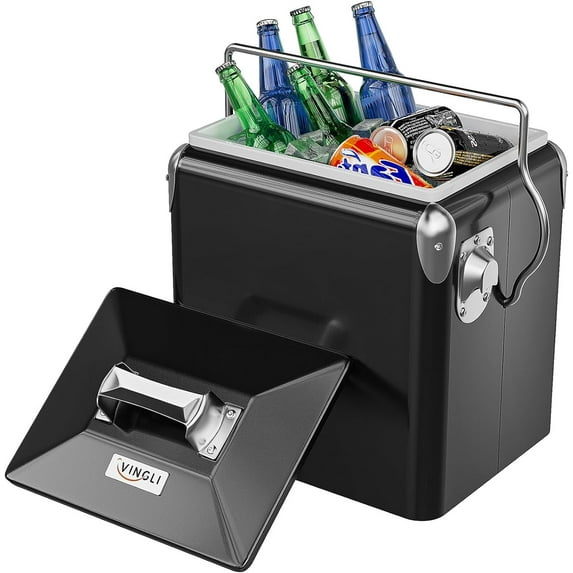 VINGLI 14qt Small Cooler Ice Chest, Beach Cooler, Insulated Portable Cooler, Retro Vintage Classic Style Hard Metal Cooler for Barbeques, Camping, Fishing and Picnics