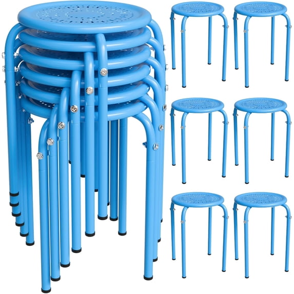 VINGLI 17.7in Metal Stackable Stools Portable Stacking Chairs Nesting Stool Decoration Round Stools Pack of 6 for Home Outdoor Indoor Office (Blue-Metal)