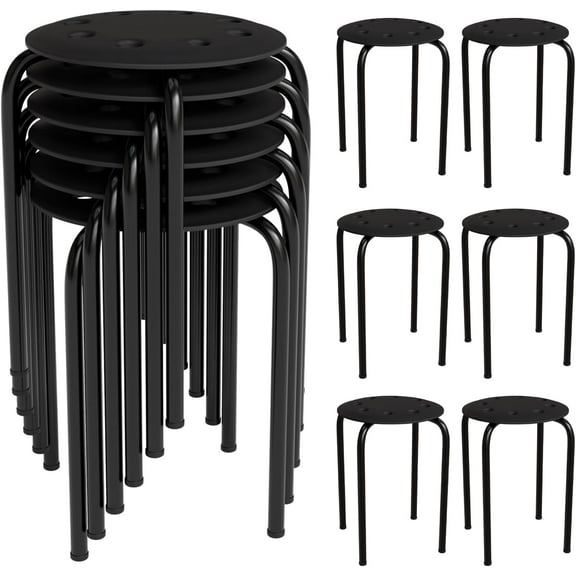 VINGLI 17.7in Plastic Stackable Stools Portable Stacking Chairs Nesting Stool Decoration Round Stools Pack of 6 for Home Outdoor Indoor Office, Black