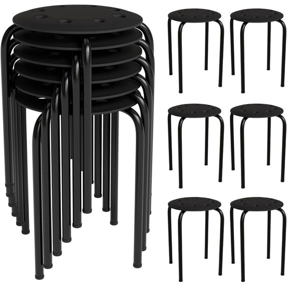 VINGLI 17.7in Plastic Stackable Stools Portable Stacking Chairs Nesting Stool Decoration Round Stools Pack of 6 for Home Outdoor Indoor Office, Black
