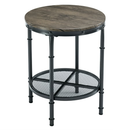 VINGLI 20" End Tables for Living Room, Small Wood Round Side Table with 2-Tier Storage,Industrial Walnut