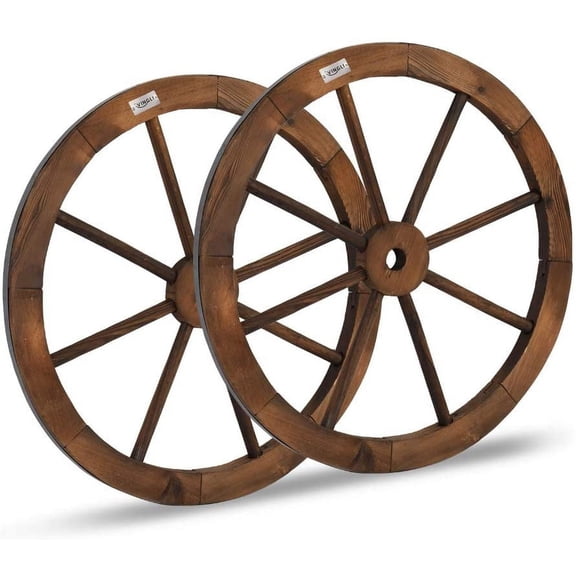 VINGLI 24" Decorative Wooden Wheel (Set of 2), Vintage Old Western Style Wall Hanging Wood Wagon Wheel for Bar, Garage, Patio, Carbonized Solid Fir Wood