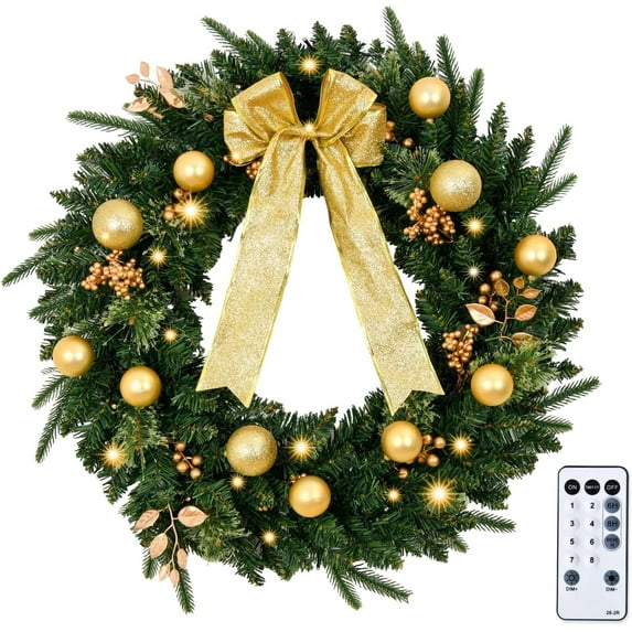 VINGLI 24 Inch Prelit Battery Operated Christmas Wreath, Small Christmas Wreath for Front Door, Window, Fireplaces, Indoor Decorate, with 50 LED Lights, 120 Tips, Bow, Pine Cones, Gold Ornaments