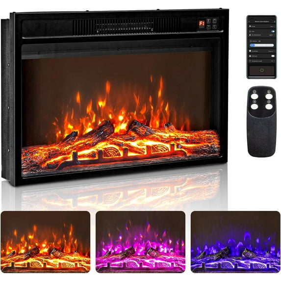 VINGLI  26" Electric Fireplace Inserts with APP & Remote Control, 1500W Recessed Stove Heater with 8H Timer, 3 Flame Colors, 5 Brightness for Indoor Use, ETL