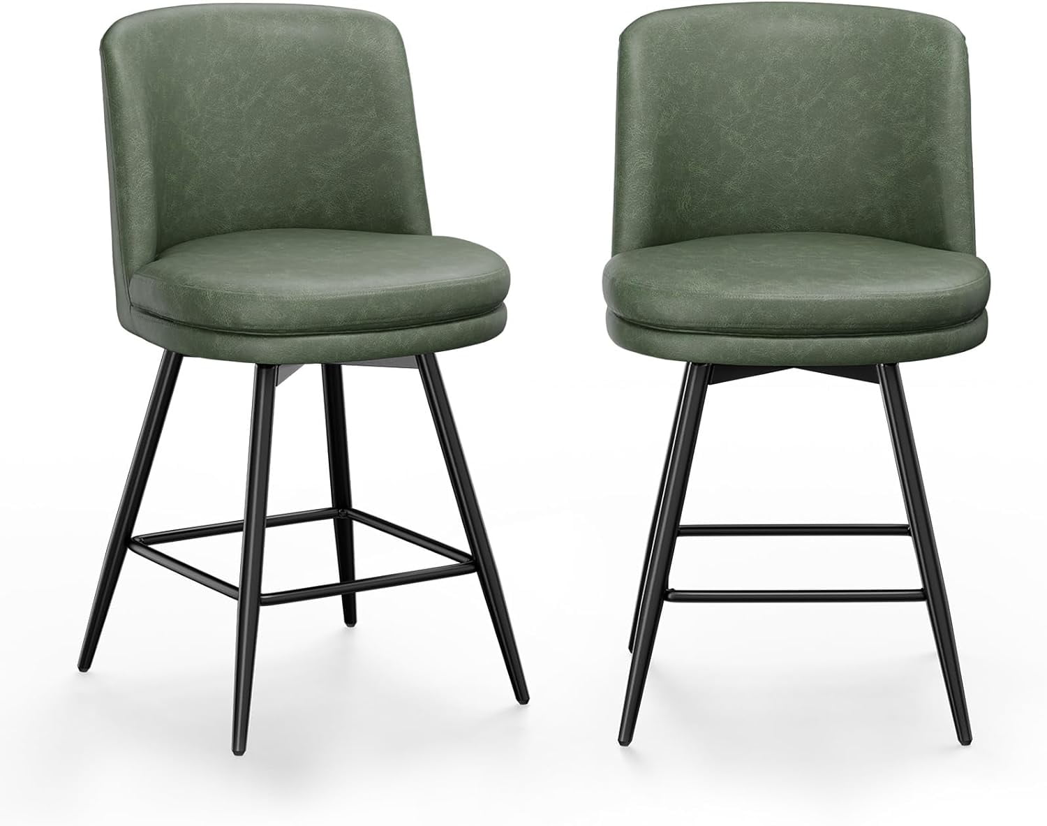 VINGLI 26" H Swivel Barstools Set of 2, PU Faux Leather Upholstered Counter Height Bar Stool with Back, Kitchen High Chairs with Cushion Round Seat, Metal Legs, White