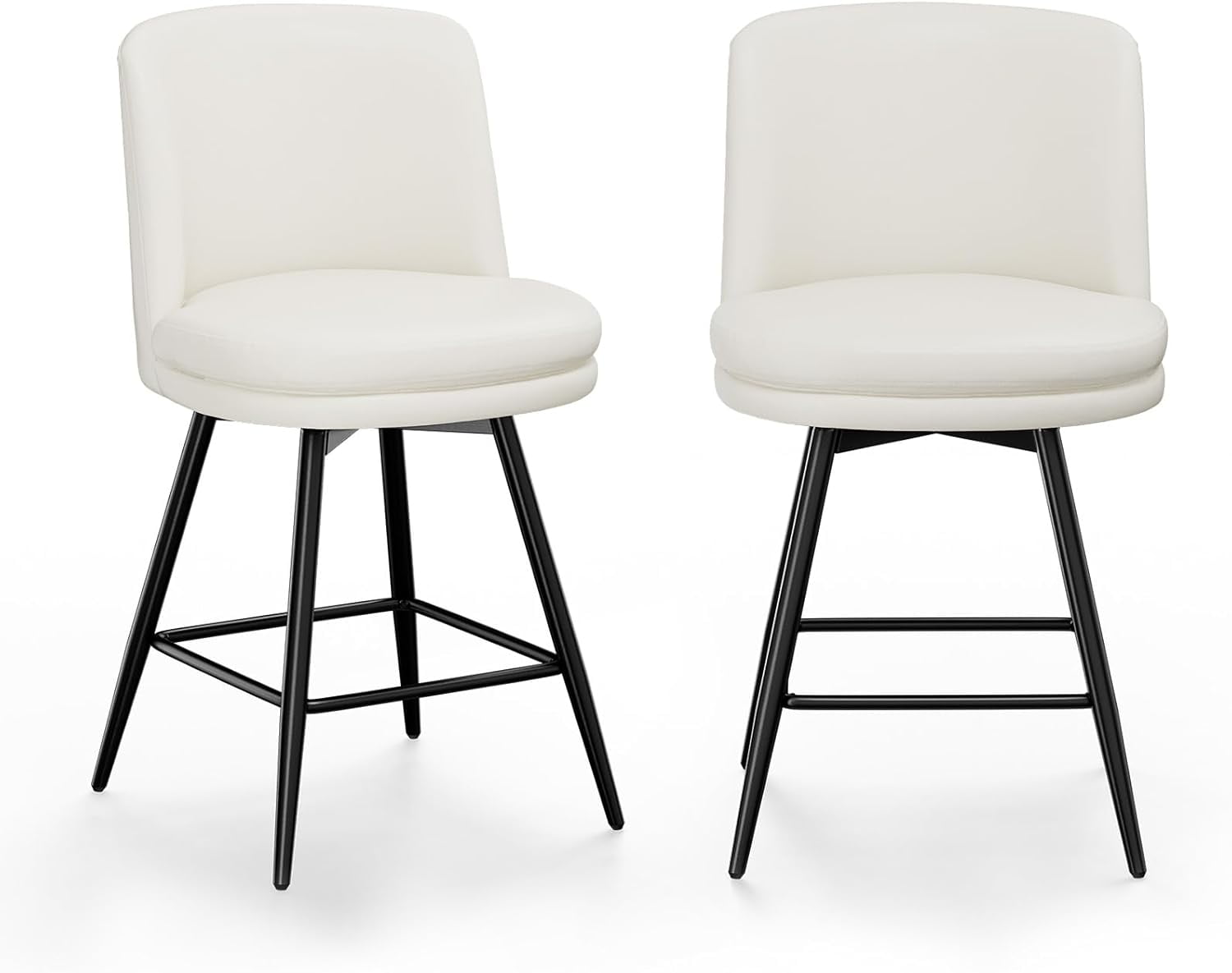VINGLI 26" H Swivel Barstools Set of 2, PU Faux Leather Upholstered Counter Height Bar Stool with Back, Kitchen High Chairs with Cushion Round Seat, Metal Legs, White