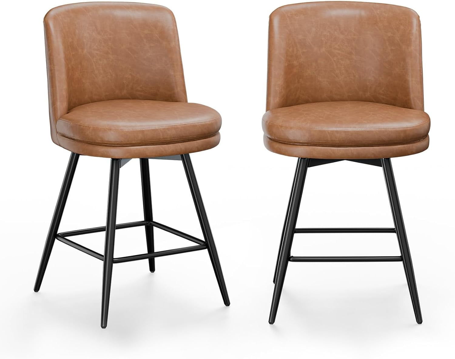 VINGLI 26" H Swivel Barstools Set of 2, PU Faux Leather Upholstered Counter Height Bar Stool with Back, Kitchen High Chairs with Cushion Round Seat, Metal Legs, White